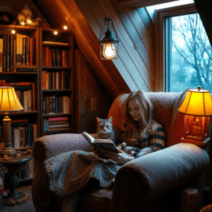 Reading to a cat in a nook